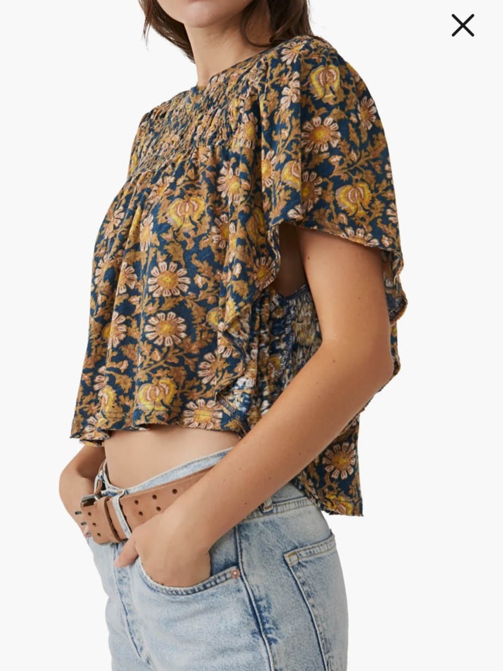 NWT Free People Printed Ruffle Sleeve Crop Top